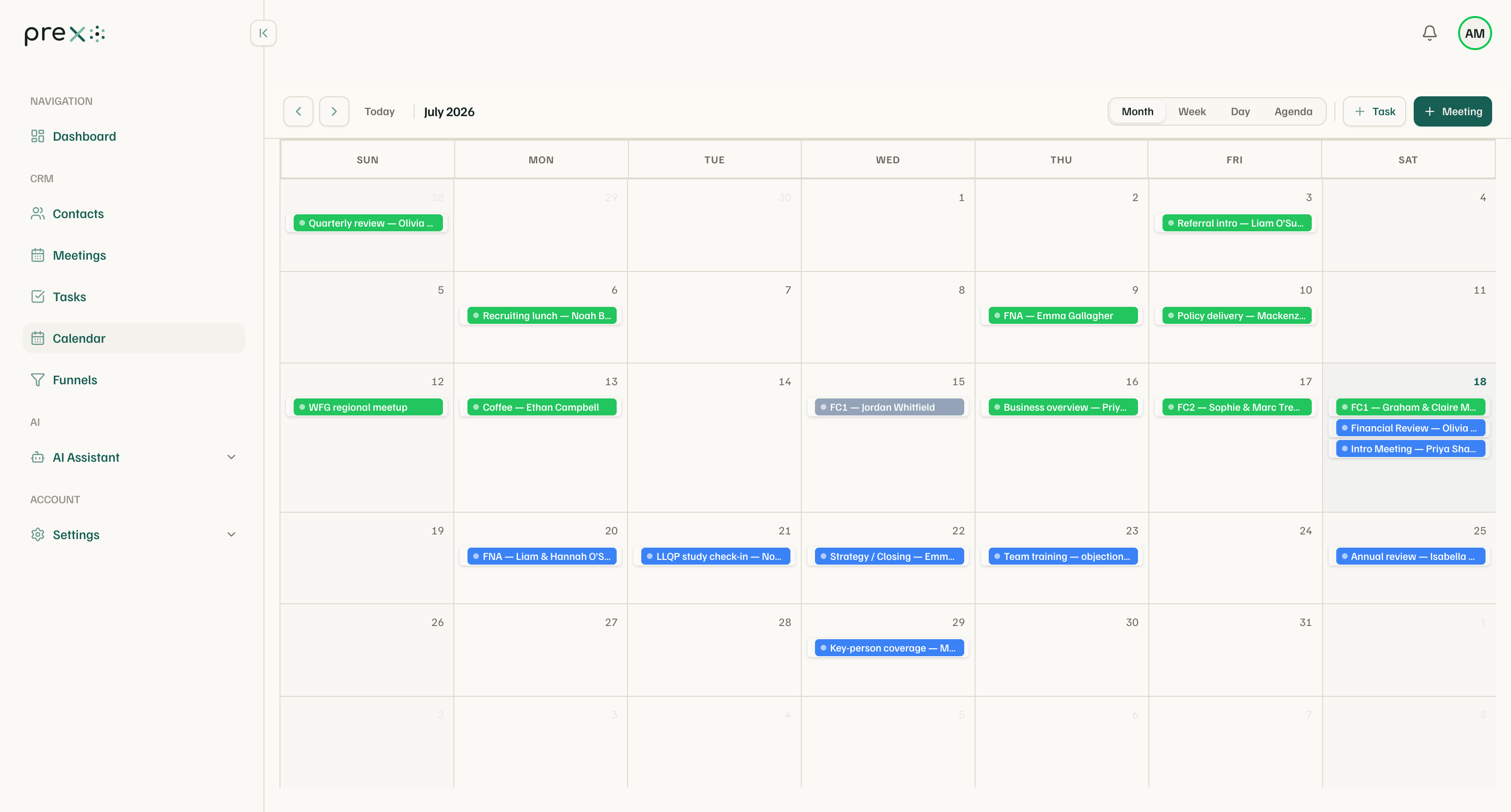 Calendar month view with color-coded meetings and tasks