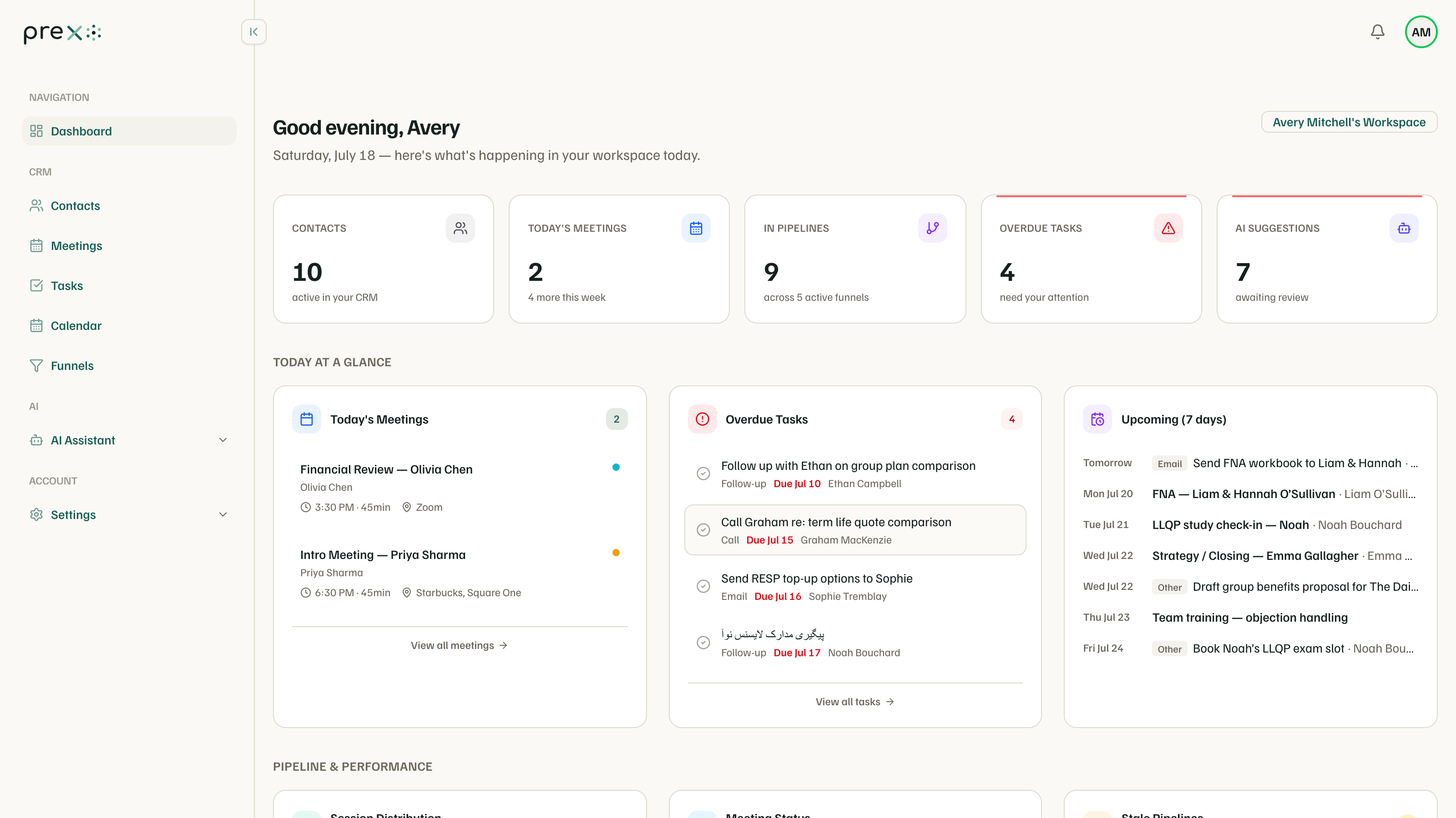The Prexo dashboard — today's meetings, overdue follow-ups, live pipelines