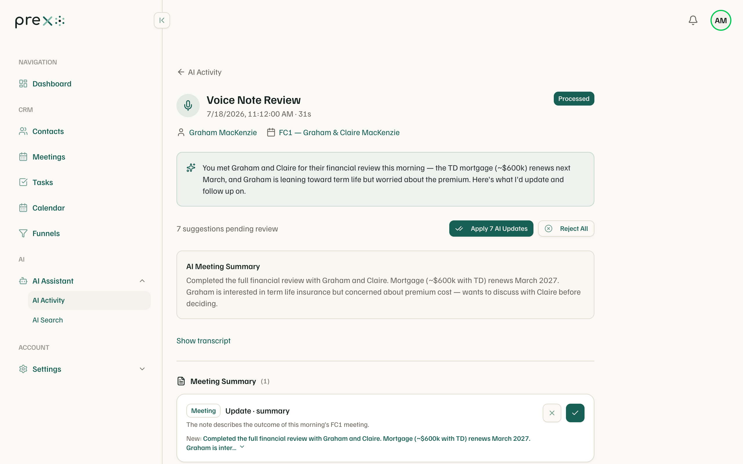 Voice note review — approve or reject each AI suggestion